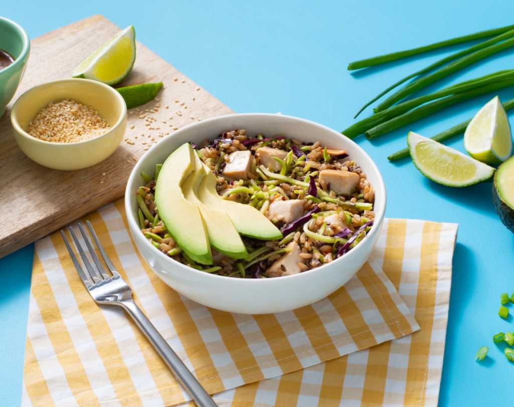 chicken-and-rice-salad-with-broccoli-slaw-asian-dressing-and-avocado