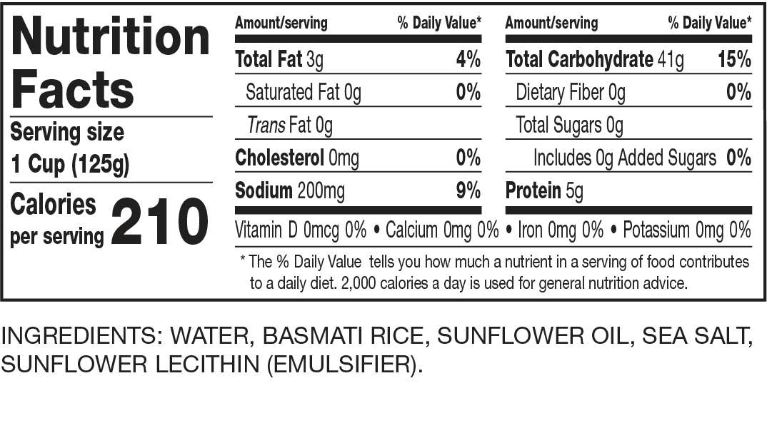 Nutrition Facts Ready to Serve Basmati Rice