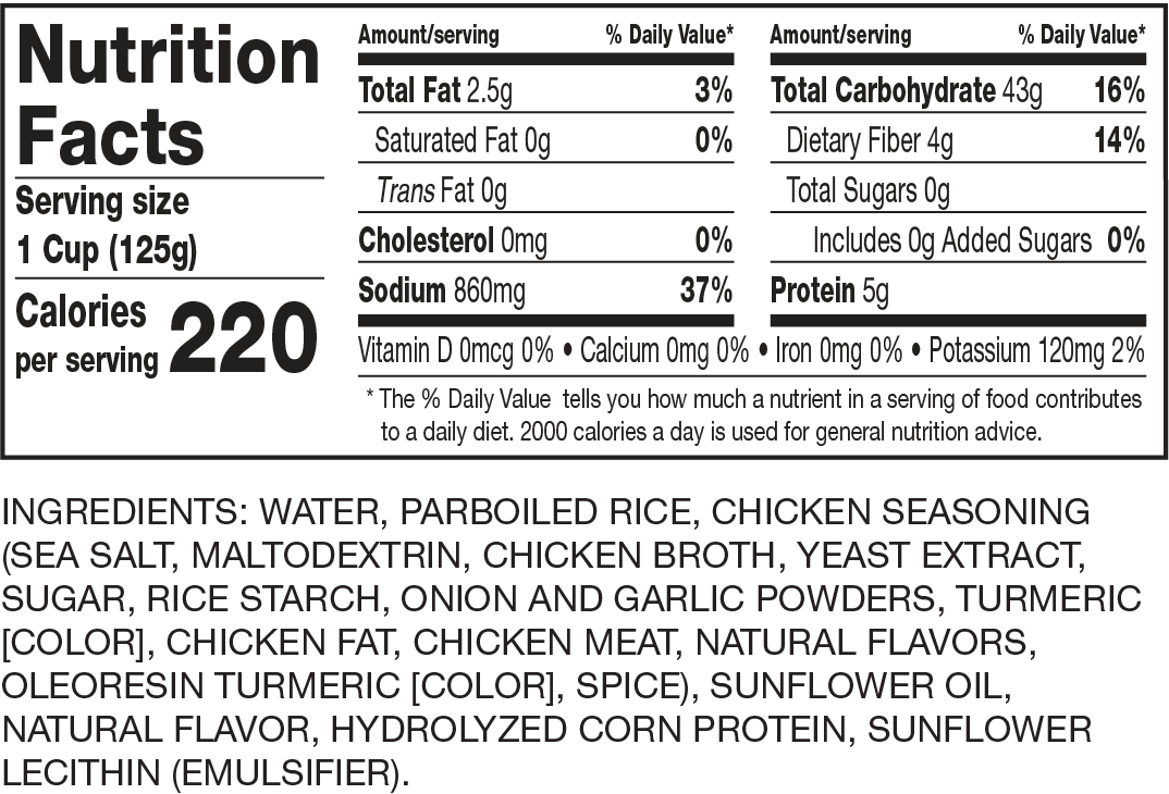 Nutrition Facts Ready to Serve Chicken Flavored Rice