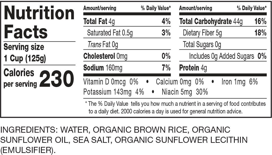 Nutrition Facts Ready to Serve Organic Brown Rice