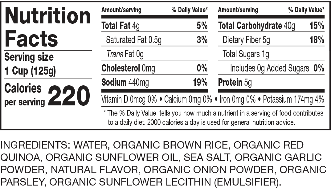 Nutrition Facts Ready to Serve Organic Red Quinoa & Brown Rice with Garlic
