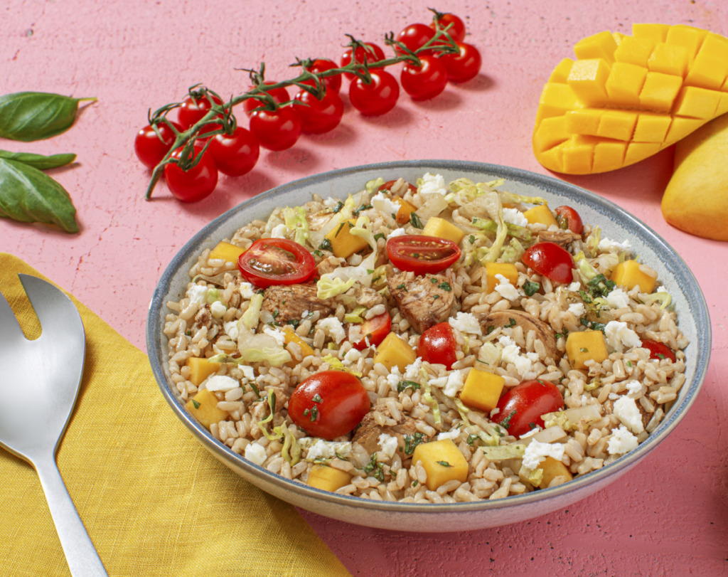 mango basil and brown rice salad with chicken