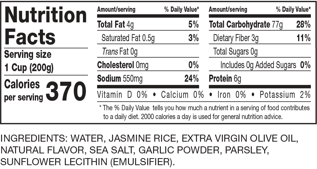 Nutrition Facts Ready to Serve Garlic & Olive Oil Jasmine Rice