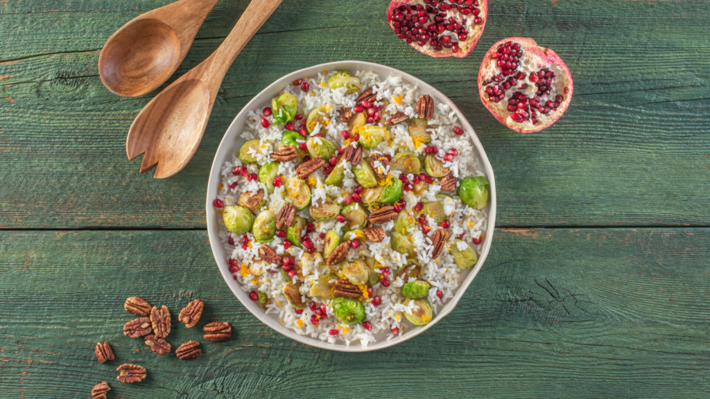 Roasted Brussels Sprouts and Rice with Vanilla Pecans