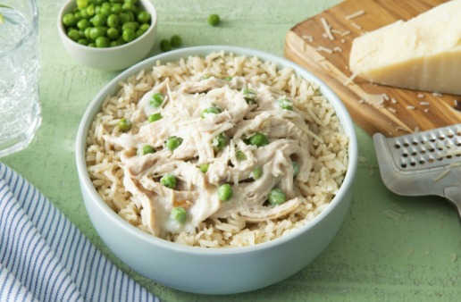 5-minute-chicken-alfredo-with-jasmine-rice-peas-and-parmesan-cheese