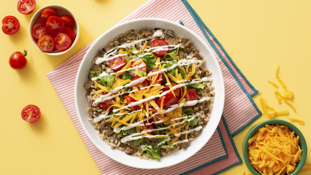 Veggie burger with brown and wild rice bowl