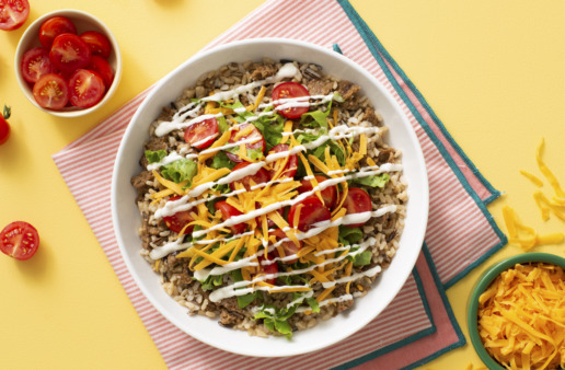Veggie burger with brown and wild rice bowl