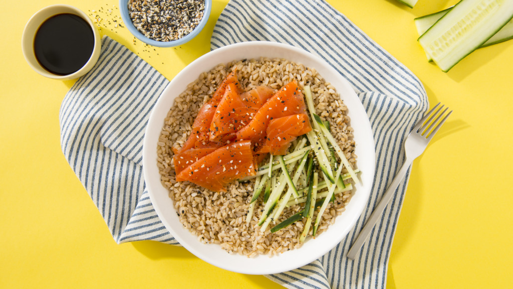 Loaded Salmon Rice Bowl with everything bagel seasoning