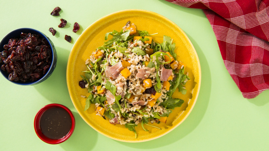 Thanksgiving salad with Arugula, Rice & Quinoa, butternut squash and proscuitto