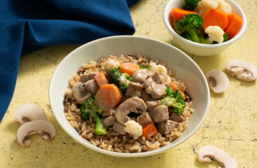 brown-and-wild-rice-bowl-with-sausage-broccoli-carrots-cauliflower-and-mushroom-gravy