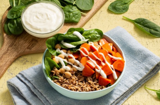 brown-rice-bowl-with-quinoa-and-harissa-glazed-carrots-chickpeas-and-baby-spinach