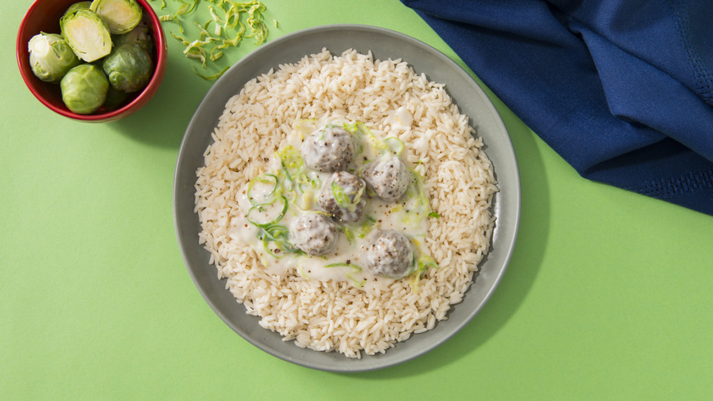 Shredded Brussels Sprout and Meatball Rice