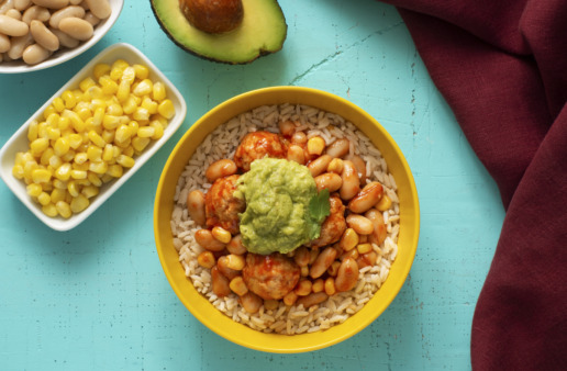 chili-bowl-with-white-beans-white-rice-and-turkey-meatballs-topped-with-guacamole