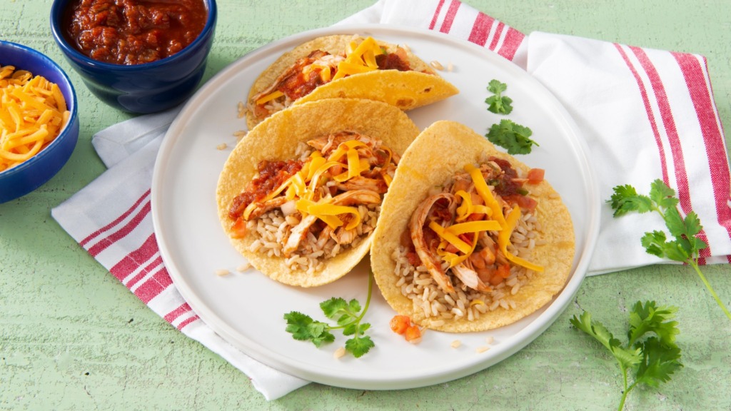 Soft-tacos-with-chicken-salsa-taco-seasoning-corn-tortillas-cheddar-cheese-and-brown-rice