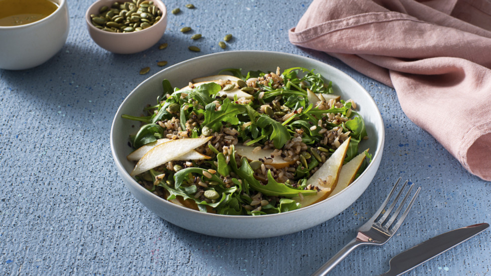 vegetarian-rice-salad-with-a-miltigrain-medley-pear-arugula-and-pumpkin-seeds