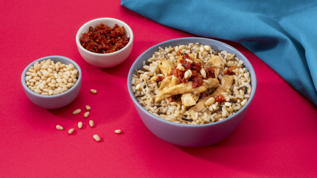 chicken-and-rice-bowl-with-balsamic-vinaigrette-sun-dried-tomatoes-and-pine-nuts