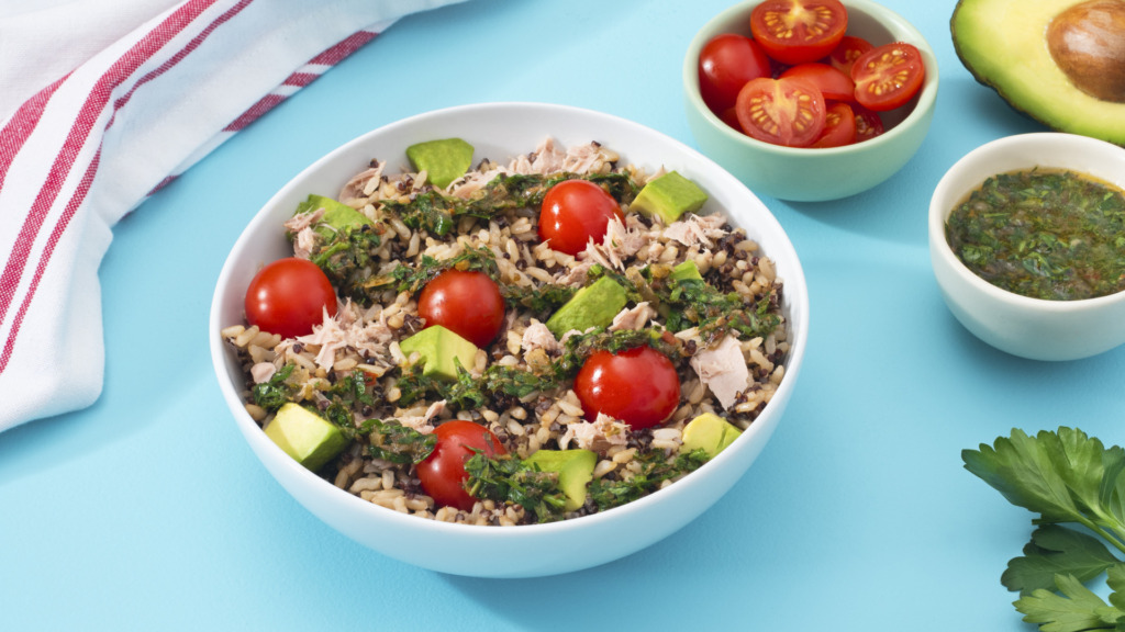 tuna-salad-with-brown-rice-quinoa-cherry-tomatoes-avocado-and-chimichurri-sauce