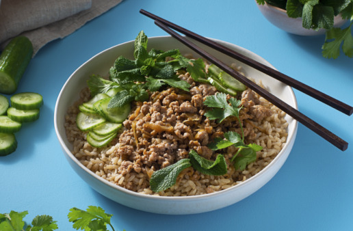 crispy-ground-pork-with-brown-rice-fresh-herbs-and-cucumber
