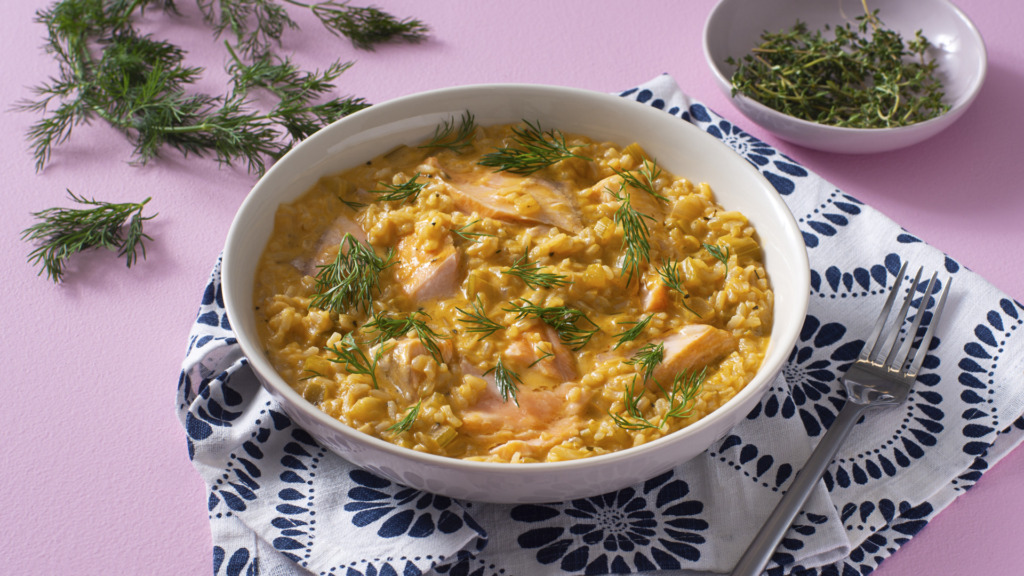 salmon-chowder-with-jasmine-rice-topped-with-fresh-dill