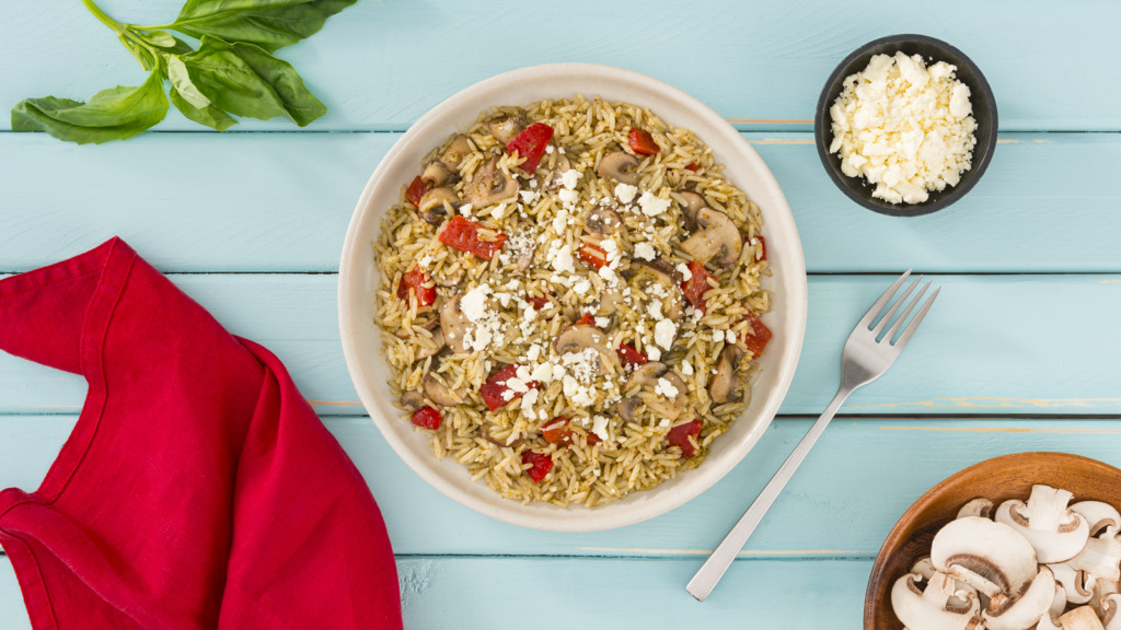 Pesto Rice with Mushrooms, Roasted Red Peppers and Feta