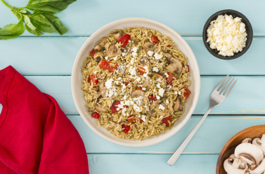 Pesto Rice with Mushrooms, Roasted Red Peppers and Feta