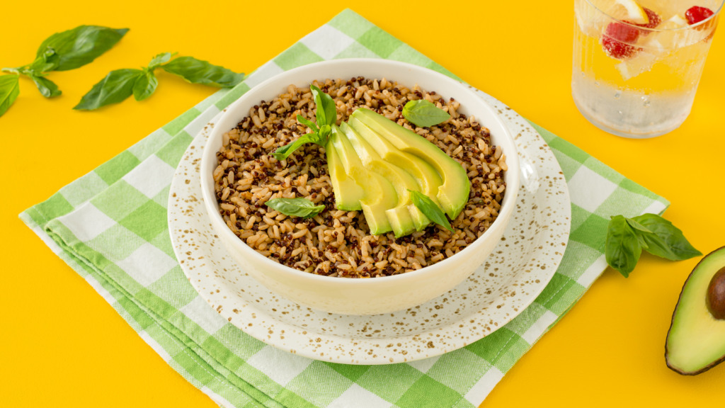 spiced-quinoa-rice-topped-with-sliced-avocado
