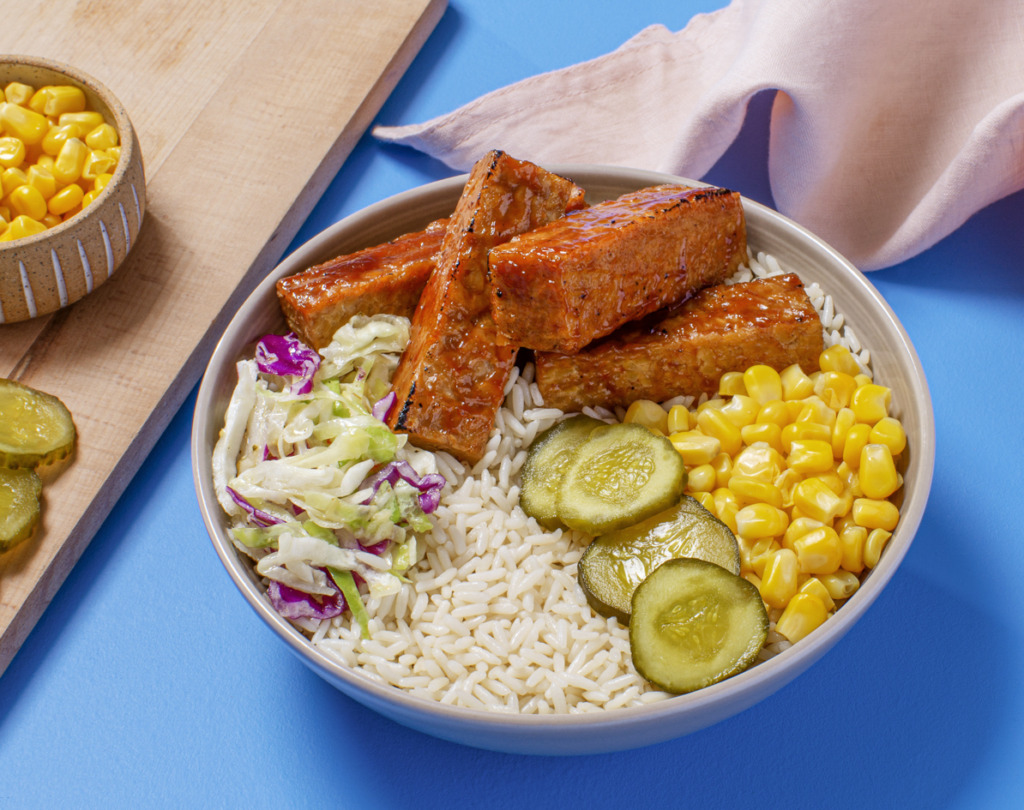 BBQ tempeh ribs and corn rice bowl