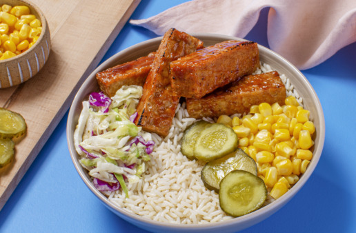 BBQ tempeh ribs and corn rice bowl