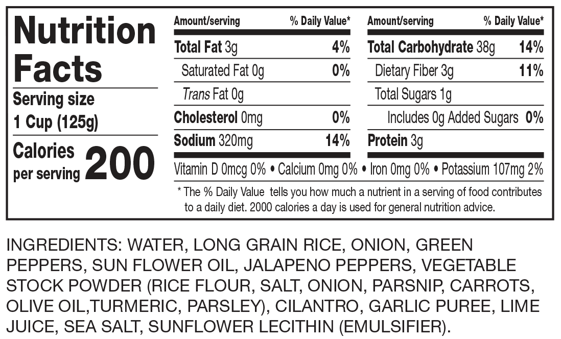 Nutrition Facts Ready to Serve Jalapeño Rice