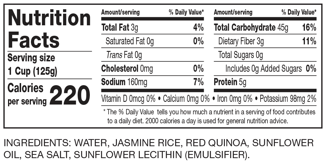 Nutrition Facts Jasmine Rice & Red Quinoa Cups