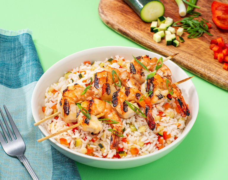 All-in-One Shrimp Skewers with Grilled Rice