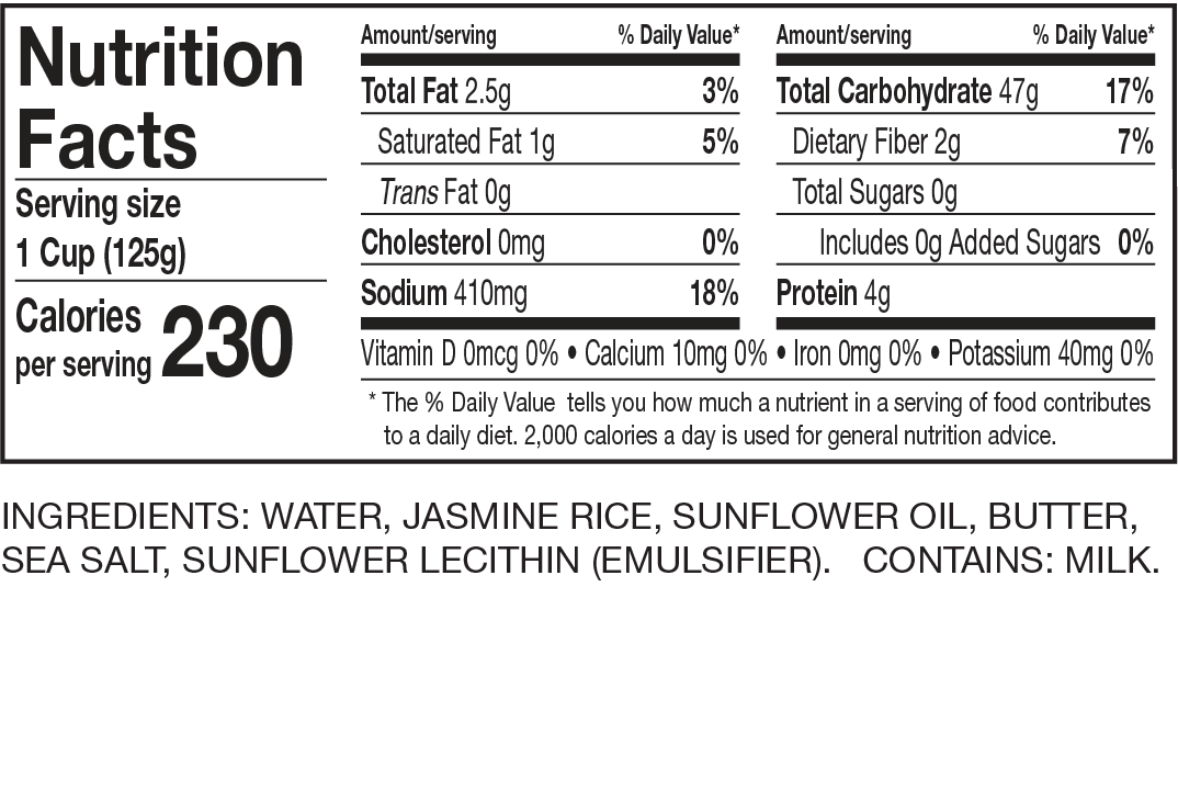 Nutrition Facts Butter & Sea Salt Jasmine Rice Cups