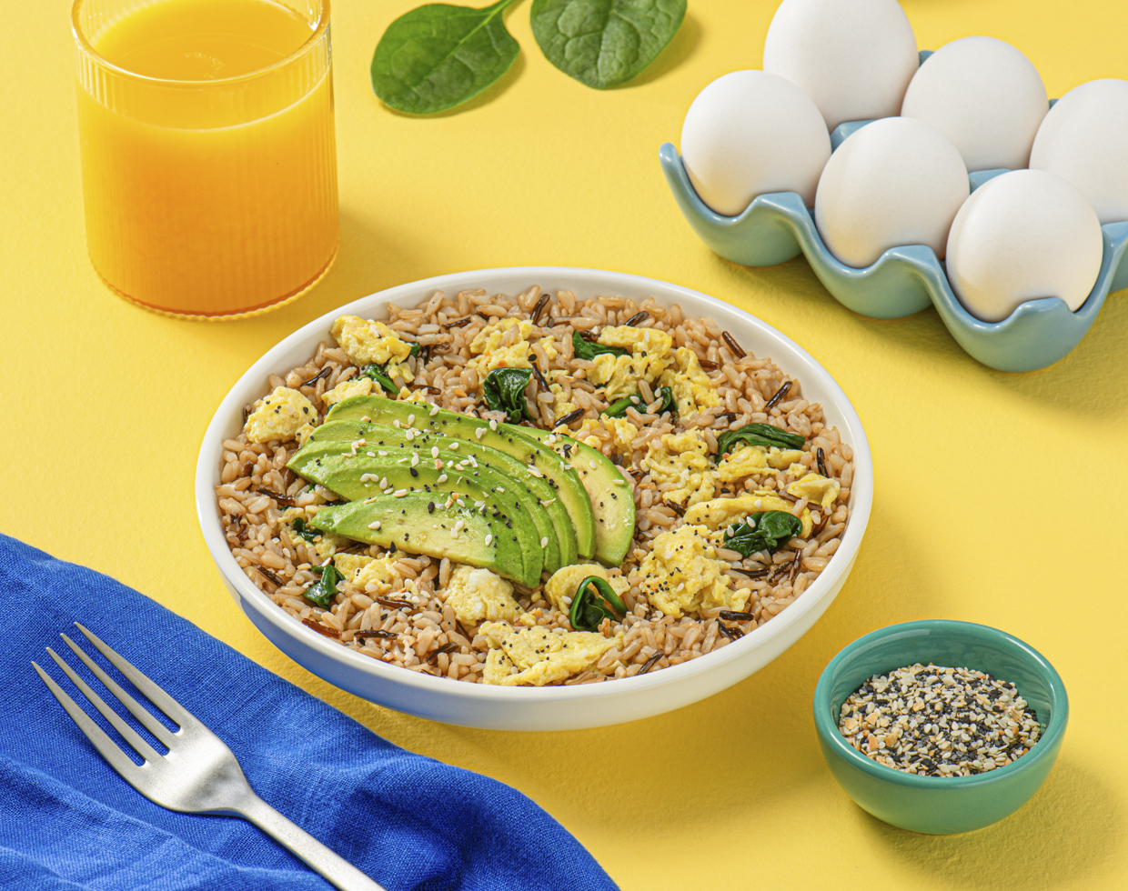 Brown Rice and Egg Breakfast Bowl with Spinach
