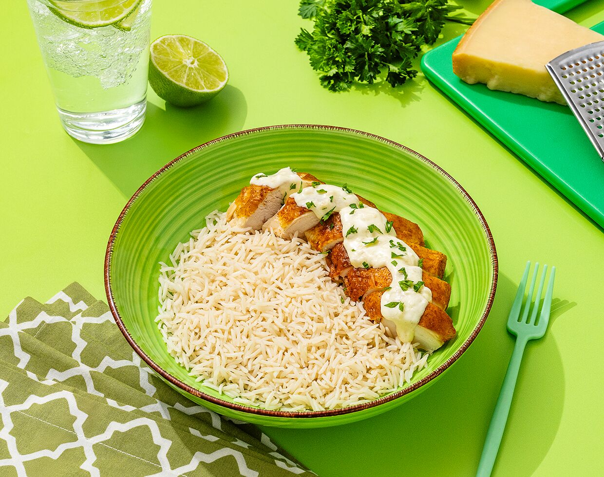 Chicken & Rice Bowl with Creamy Garlic Sauce