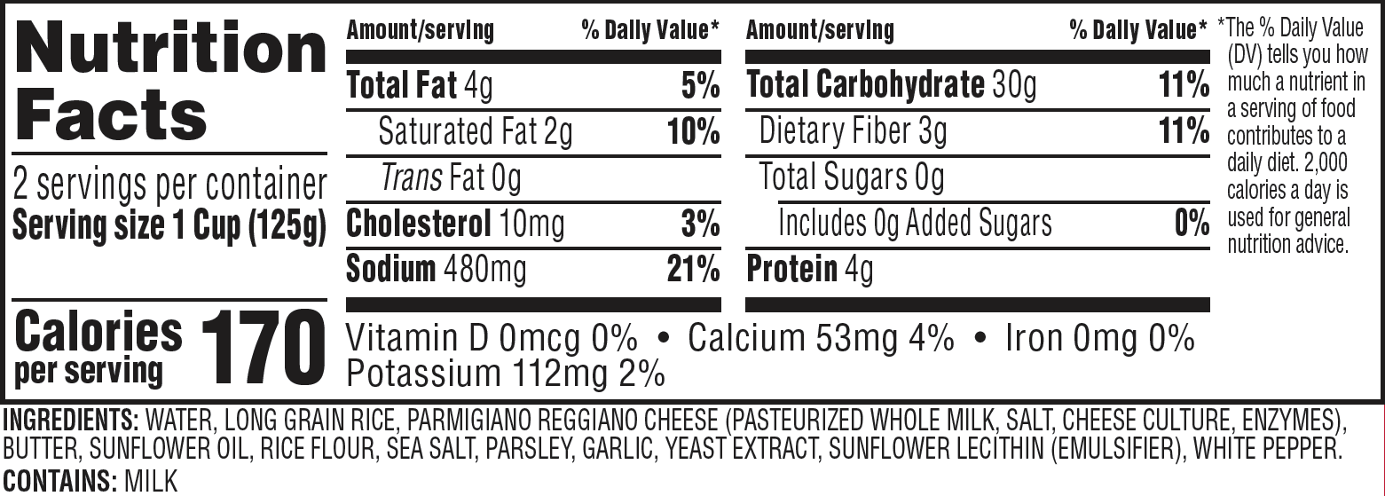 Nutrition Facts Garlic Parmesan Rice Cups
