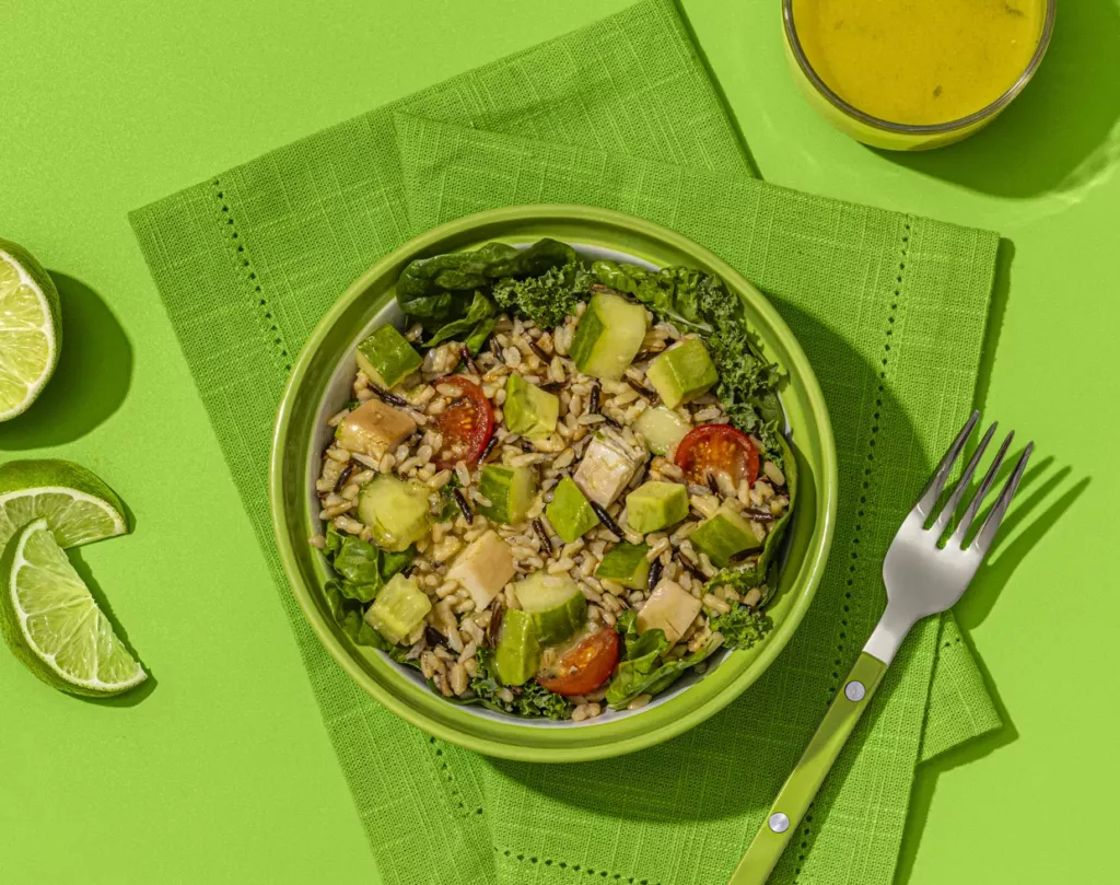 Avocado chicken power salad rice bowl